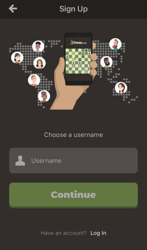 sign up page of chess.com app