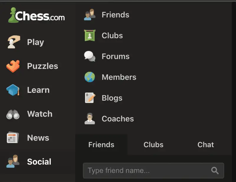 play with friends using social menu in chess.com